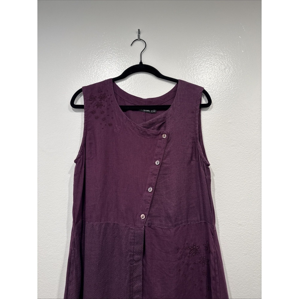 Gudrun Sjoden Purple Linen Midi Dress Button Up Embroidered Sleeveless Cottage M - Picture 2 of 9